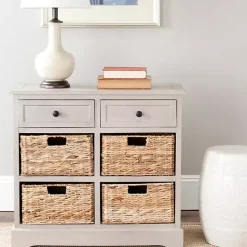 Vintage Gray Cabinet with Woven Baskets