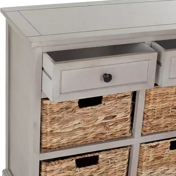 Vintage Gray Cabinet with Woven Baskets