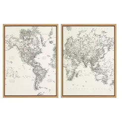 Vintage World Map Framed Canvas Art, Set of 2