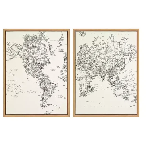 Vintage World Map Framed Canvas Art, Set of 2