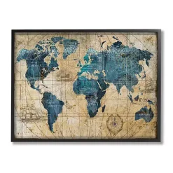 Vintage World Map Framed Giclee Canvas Art Print