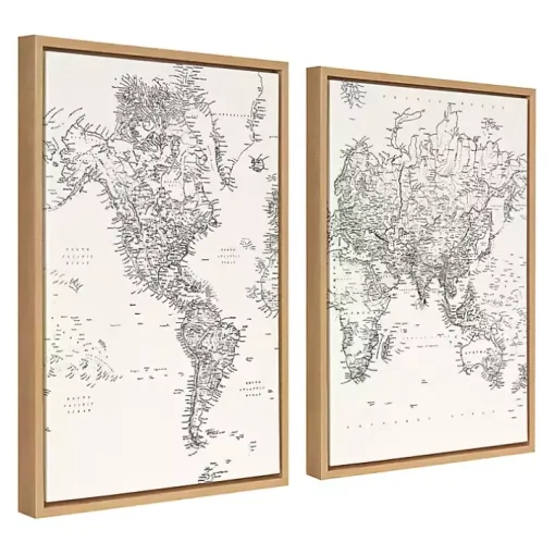 Vintage World Map Framed Canvas Art, Set of 2