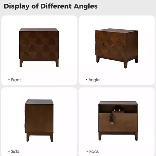 Walnut Geometric 2-Drawer Charging Nightstand