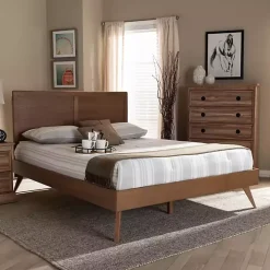 Walnut Inset Paneling Platform Queen Bed