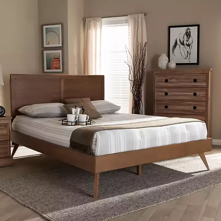 Walnut Inset Paneling Platform Queen Bed