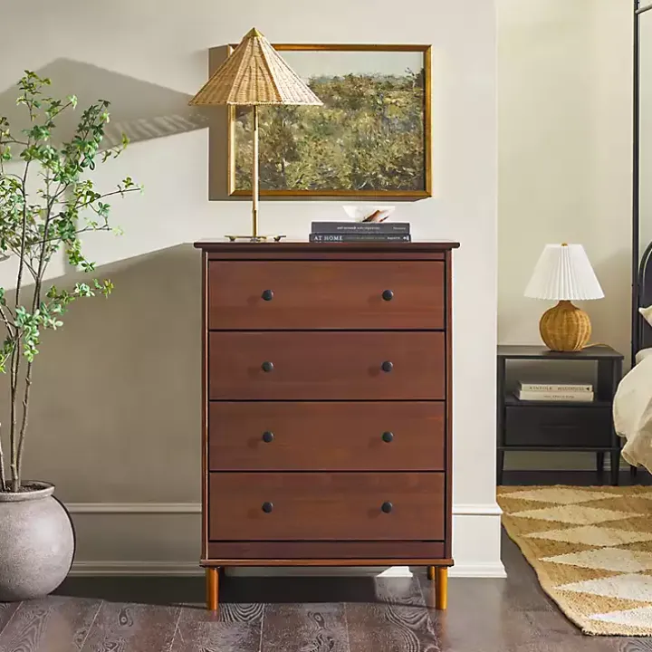 Walnut Mid-Century Modern 4-Drawer Wood Dresser
