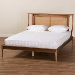 Walnut Rattan Swooping Queen Platform Bed