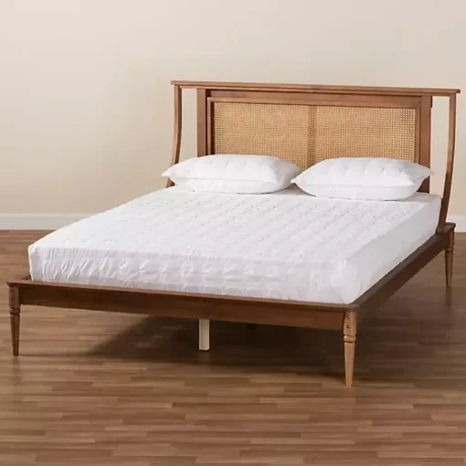 Walnut Rattan Swooping Queen Platform Bed