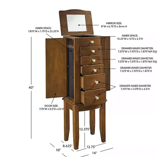 Walnut Wood 5-Drawer Zinnia Jewelry Armoire