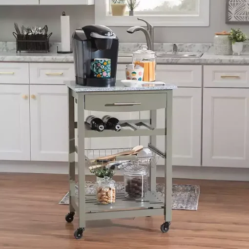 Warm Gray Rolling Kitchen Cart with Granite Top