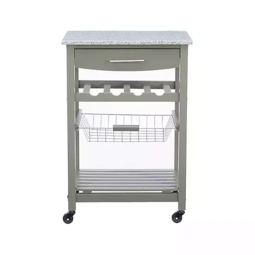 Warm Gray Rolling Kitchen Cart with Granite Top