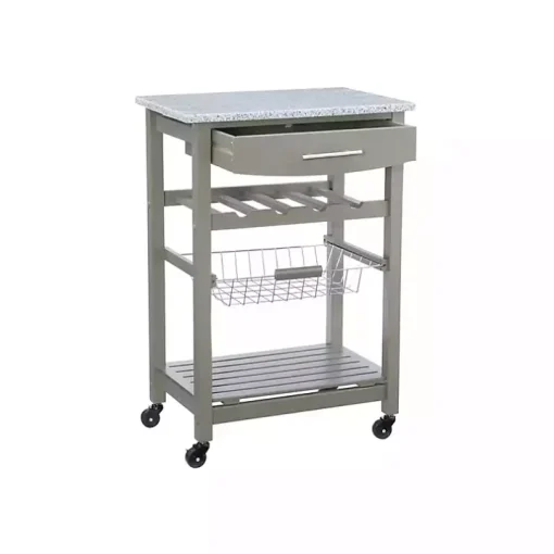 Warm Gray Rolling Kitchen Cart with Granite Top