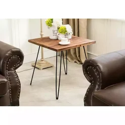 Weather Fir Wood and Hairpin Legs Accent Table