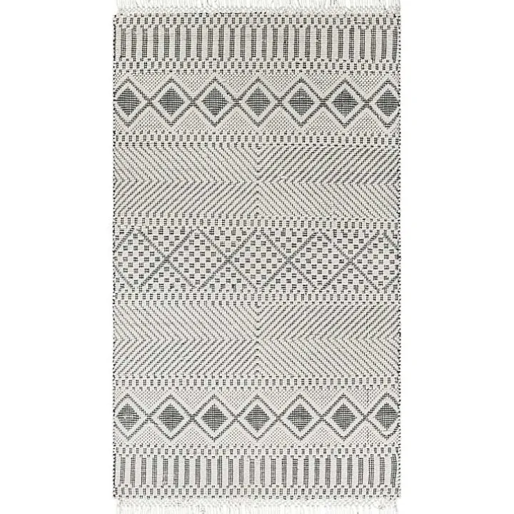 White and Black Diamond Tassel Wool Area Rug, 8x10