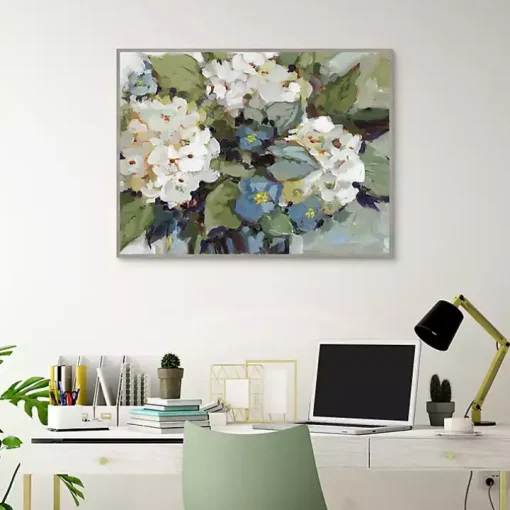 White and Blue Hydrangeas Framed Canvas Art Print