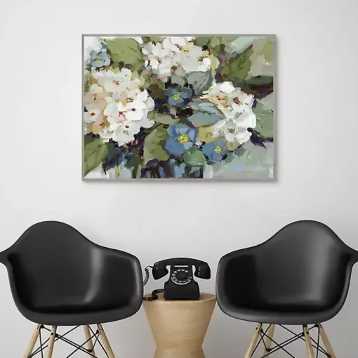 White and Blue Hydrangeas Framed Canvas Art Print