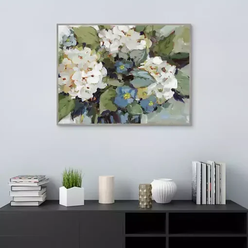 White and Blue Hydrangeas Framed Canvas Art Print