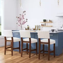 White and Blue Striped Dark Walnut Counter Stool