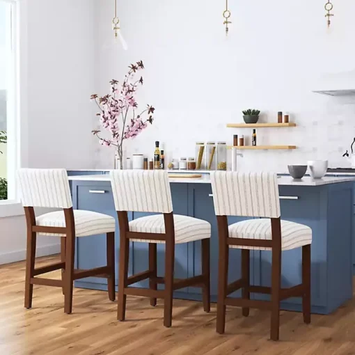 White and Blue Striped Dark Walnut Counter Stool