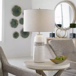 White and Brown Distressed Stripe Table Lamp