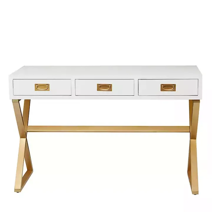 White and Gold Metal Desk with Outlets