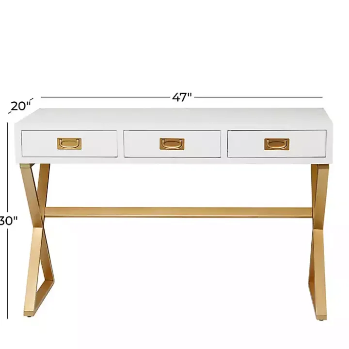 White and Gold Metal Desk with Outlets