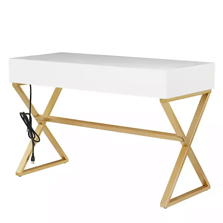 White and Gold Metal Desk with Outlets