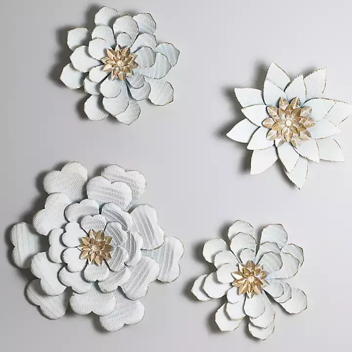 White and Gold Metal Flower Small Wall Plaque
