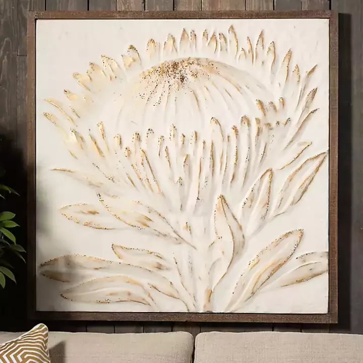 White and Gold Protea Framed Wall Plaque