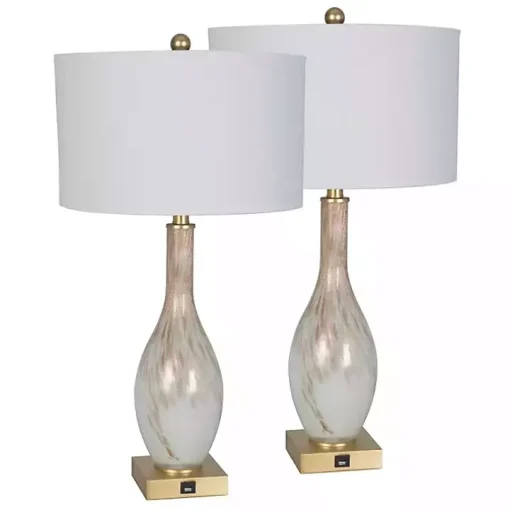 White and Gold Swirl Glass Table Lamps, Set of 2