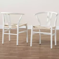 White and Tan Wishbone Dining Chairs, Set of 2