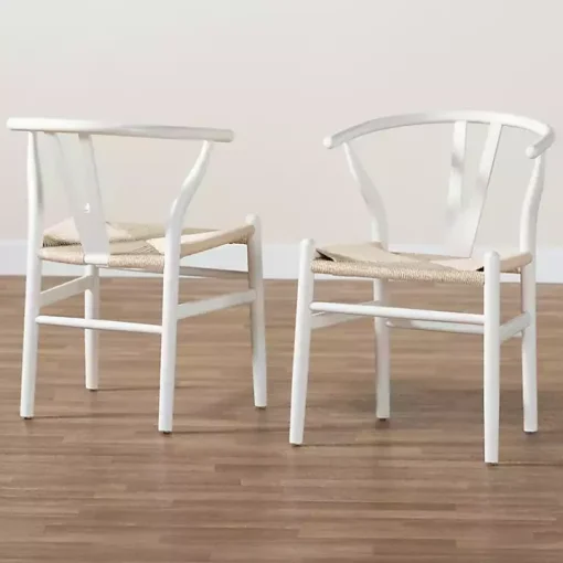 White and Tan Wishbone Dining Chairs, Set of 2