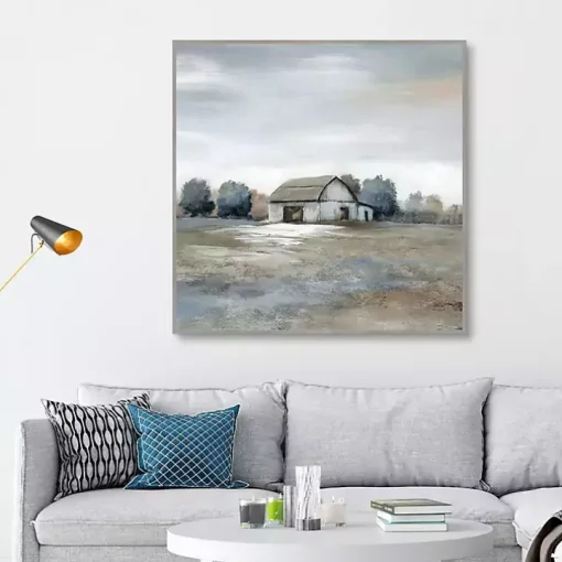 White Barn in Pasture Framed Canvas Art Print