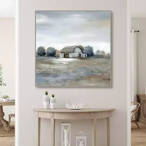 White Barn in Pasture Framed Canvas Art Print