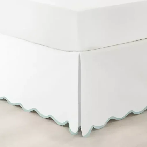 White Blue Scalloped Coastal Queen Bed Skirt