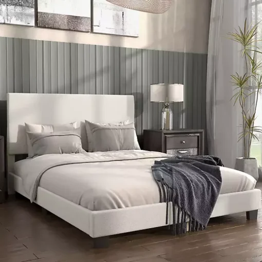 White Boucle Karson Queen Platform Bed