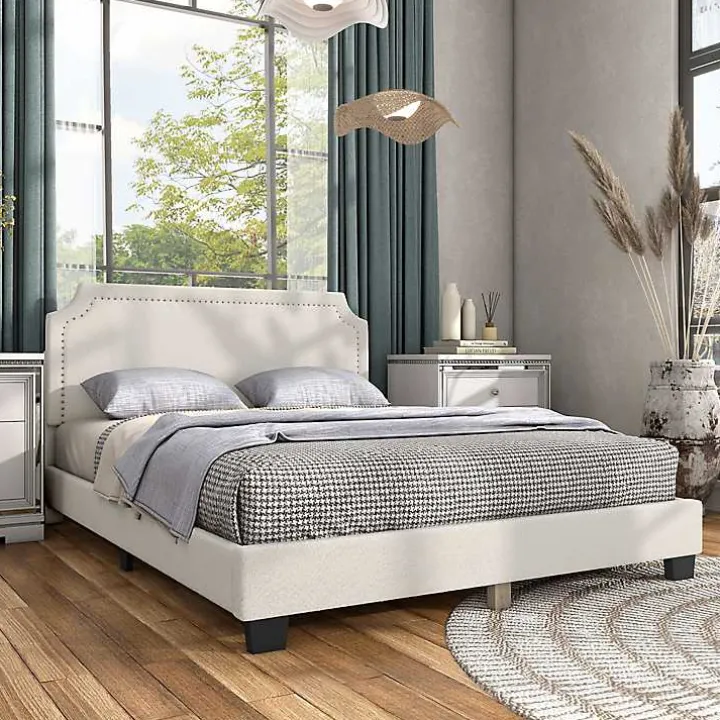 White Boucle Scalloped Corey Queen Platform Bed