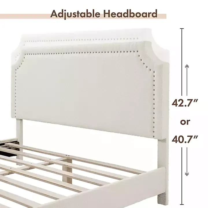White Boucle Scalloped Corey Queen Platform Bed