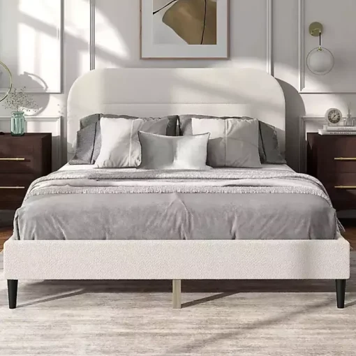White Boucle Upholstered Sara Queen Bed