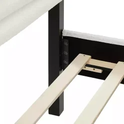 White Boucle Upholstered Black Canopy Queen Bed