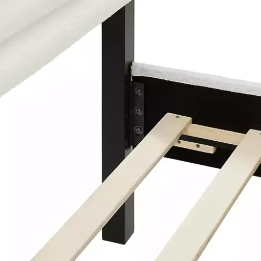 White Boucle Upholstered Black Canopy Queen Bed