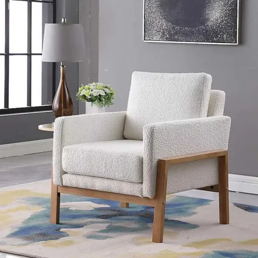 White Boucle Wood Frame Accent Chair
