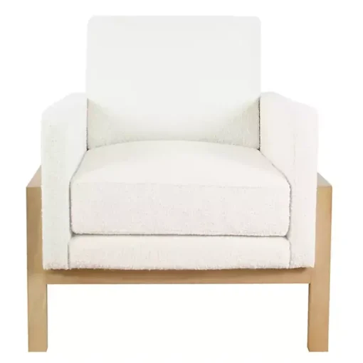 White Boucle Wood Frame Accent Chair