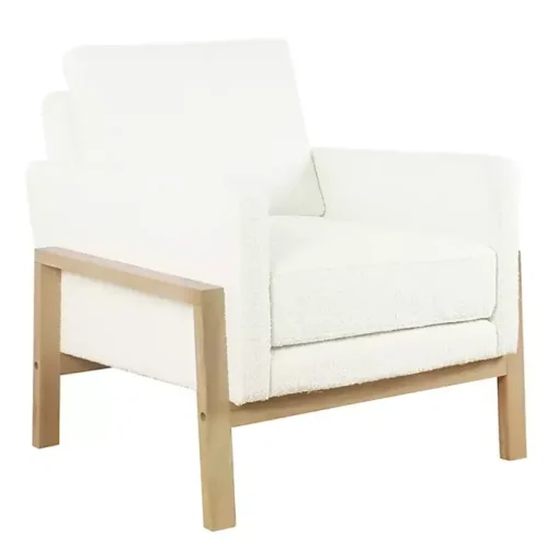 White Boucle Wood Frame Accent Chair