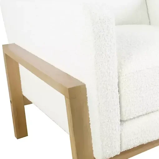 White Boucle Wood Frame Accent Chair
