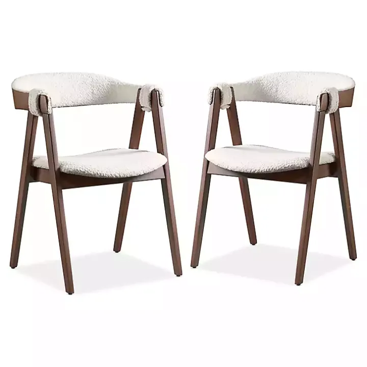 White Boucle Wood Penny Dining Chairs, Set of 2