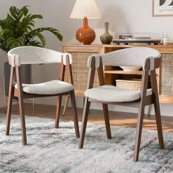 White Boucle Wood Penny Dining Chairs, Set of 2