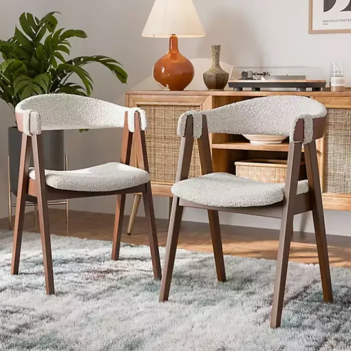 White Boucle Wood Penny Dining Chairs, Set of 2
