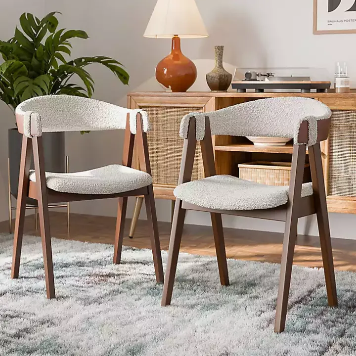 White Boucle Wood Penny Dining Chairs, Set of 2