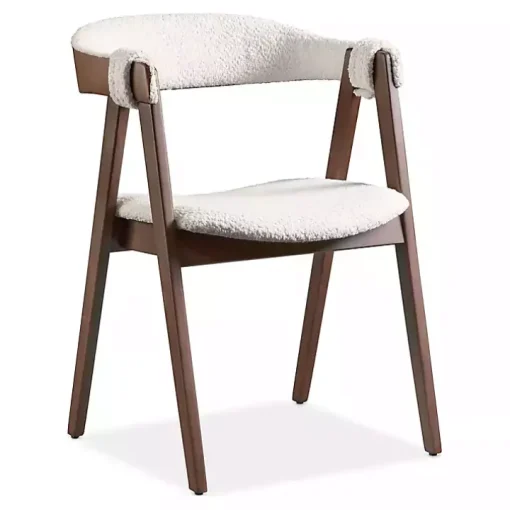 White Boucle Wood Penny Dining Chairs, Set of 2